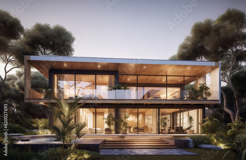 A mockup of a luxury house with solar panels and a shaded facade. AI Generative.
