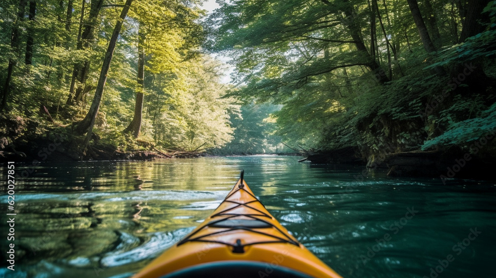 Fototapeta premium illustration of summer water sports kayaking in a quiet river Surrounded by lush greenery. AI Generative.