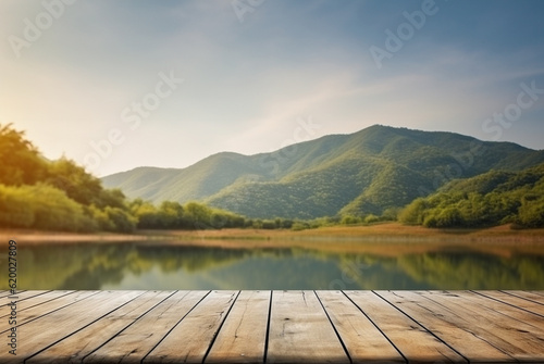 Empty wooden table decorated with meadow blurred lake and mountain view background. AI Generative.