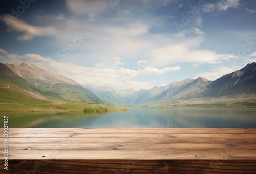 Empty wooden table decorated with meadow blurred lake and mountain view background. AI Generative. © Gassenee