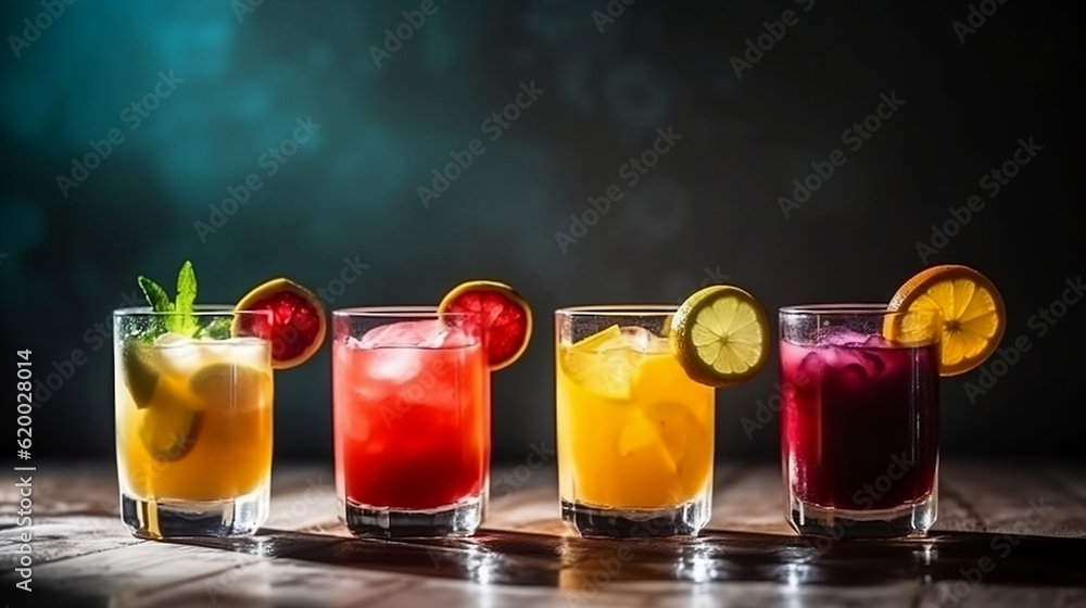 Set of delicious juices and fruits Summer fruits are ready to serve. AI Generative.