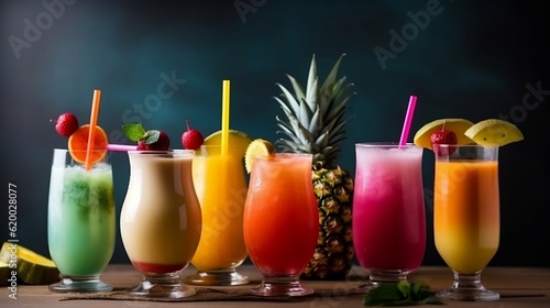 Set of delicious juices and fruits Summer fruits are ready to serve. AI Generative.