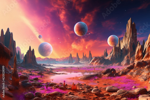 Fantastic planets and beautiful colorful landscapes. Generative AI.
