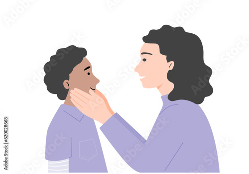 Mother and boy talking and smiling with happy emotion, flat vector illustration.