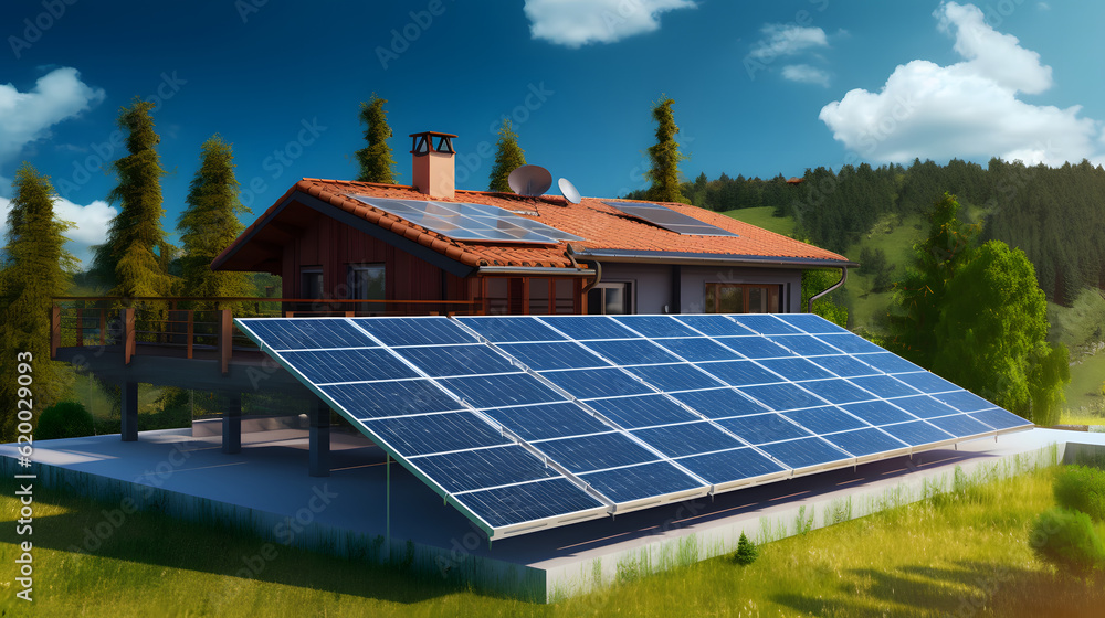 Photovoltaic panels. Solar generators. Mini power plant for home. Large country villa. Photovoltaic panels under blue sky. Blue solar panels. Photovoltaic technologies. Sustainable energy