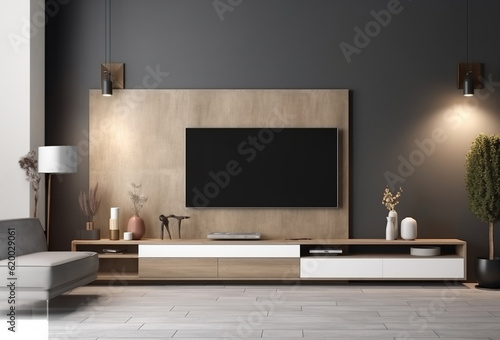 Interior mock up living room. cabinet for TV or place object in modern living room with lamp,table,flower and plant. AI Generative.