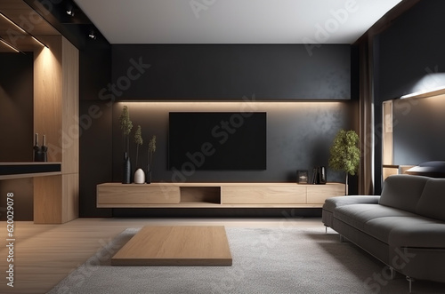 Interior mock up living room. cabinet for TV or place object in modern living room with lamp,table,flower and plant. AI Generative. © Gassenee