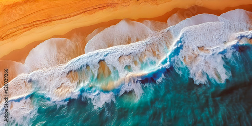 Aerial drone view of a beach with turquoise water. AI Generative.