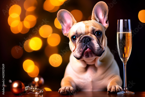 French bulldog with a glass of champagne celebrating the new year. AI Generative. © StockPhotoAstur