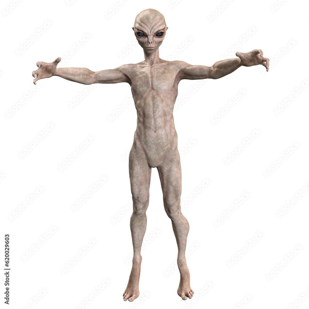 Grey alien on transparent background, 3d render Grey alien on transparent background, 3d render