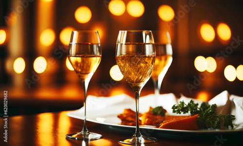 Glasses of champagne in a romantic  luxurious restaurant atmosphere  defocused golden background