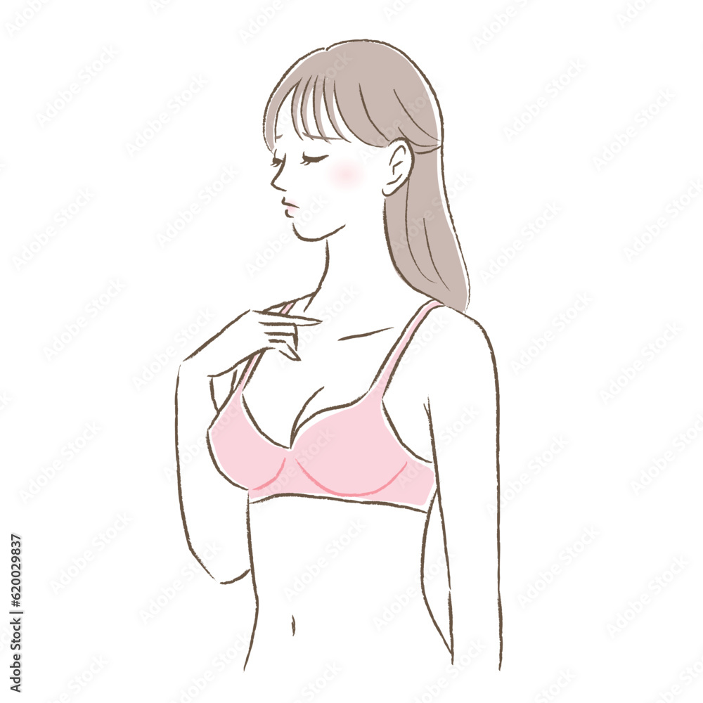 ピンクのブラジャー姿で悩む若い女性のイラスト ピンクのブラジャー姿で悩む若い女性のイラスト