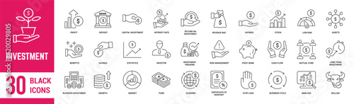 Investment thin line icons set. Mutual fund, profit, growth, piggy bank, investor, risk management, finance, loan and savings. Vector illustration