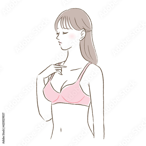ピンクのブラジャー姿で悩む若い女性のイラスト