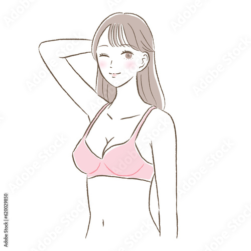 バストが大きい/バストアップするブラジャーを着用した若い女性のイラスト
