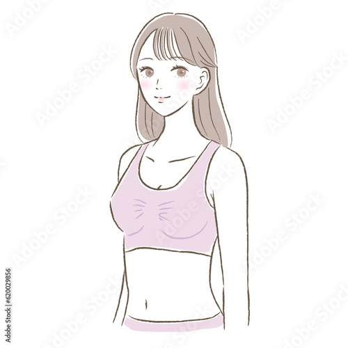 ナイトブラ/授乳ブラを着用した笑顔の若い女性のイラスト