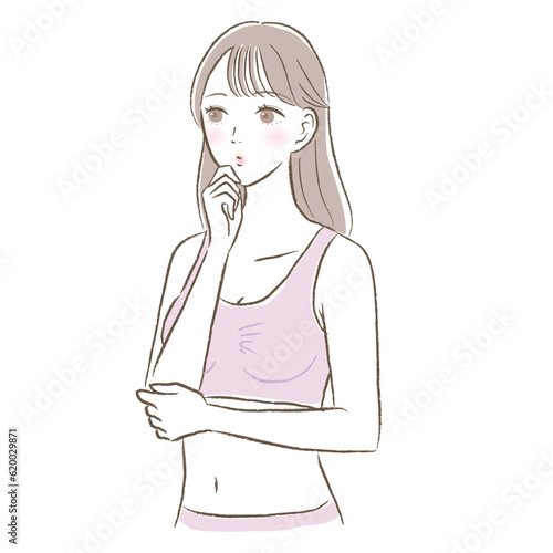 ナイトブラ/ノンワイヤーブラ姿で考えるポーズの若い女性のイラスト
