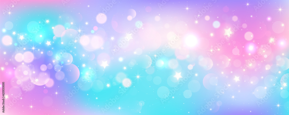 Fototapeta premium Rainbow unicorn background. Pastel glitter pink fantasy galaxy. Magic mermaid sky with bokeh. Holographic kawaii abstract space with stars and sparkles. Vector