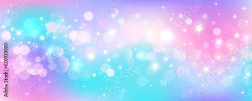 Rainbow unicorn background. Pastel glitter pink fantasy galaxy. Magic mermaid sky with bokeh. Holographic kawaii abstract space with stars and sparkles. Vector photo