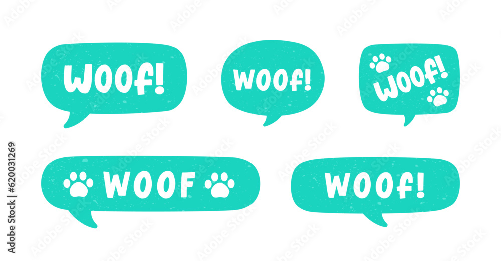 Woof text in a speech bubble balloon set, digital sticker design. Cute cartoon comics dog bark sound effect and lettering. Textured vector illustration. Woof text in a speech bubble balloon set, digital sticker design. Cute cartoon comics dog bark sound effect and lettering. Textured vector illustration.