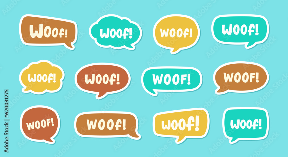 Woof text in a speech bubble balloon set, digital sticker design. Cute cartoon comics dog bark sound effect and lettering. Textured vector illustration. Woof text in a speech bubble balloon set, digital sticker design. Cute cartoon comics dog bark sound effect and lettering. Textured vector illustration.