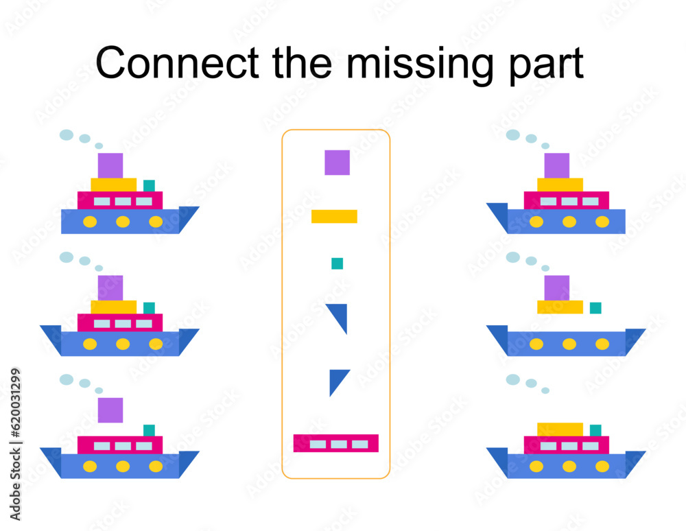 Connect the missing part. Task for the development of attention and logic. Vector illustration of the cartoon ship.