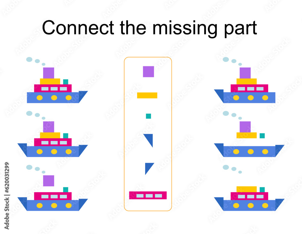 Obraz premium Connect the missing part. Task for the development of attention and logic. Vector illustration of the cartoon ship.