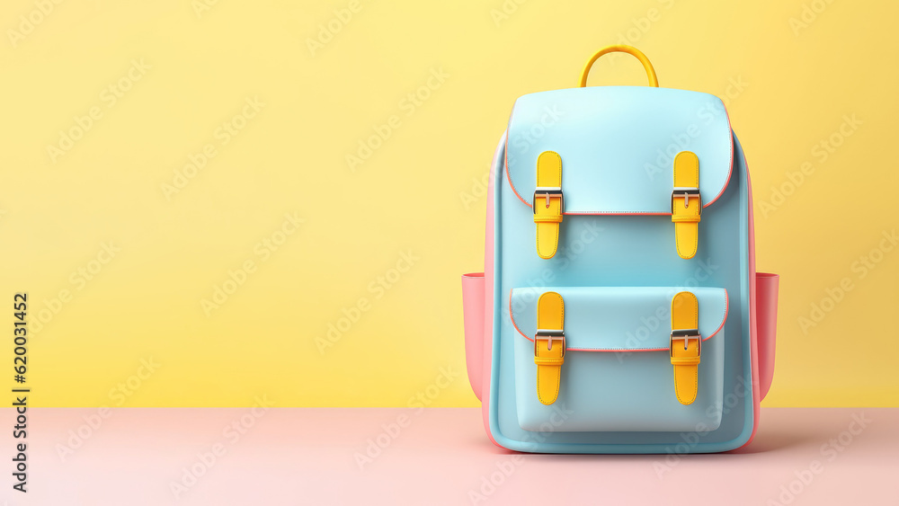 Colorful backpack isolated on yellow background. Back to school concept. 3d illustration in pastel colors. AI Generated. Colorful backpack isolated on yellow background. Back to school concept. 3d illustration in pastel colors. AI Generated.