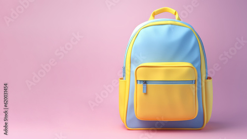 Colorful backpack isolated on pink background. Back to school concept. 3d illustration in pastel colors. AI Generated. photo