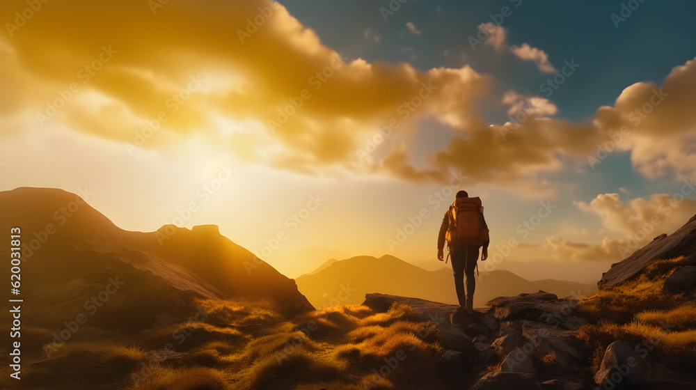 Man hiking on a sunny summer day reaching the top of a beautiful panoramic landscape,Genertive AI