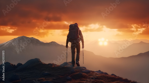 Man hiking on a sunny summer day reaching the top of a beautiful panoramic landscape,Genertive AI