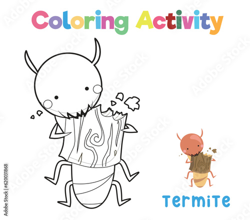 Coloring a cute termite eating wood. A colouring page of the insect. Coloring activity for preschool and kindergarten children. Printable educational printable coloring worksheet. Vector file.