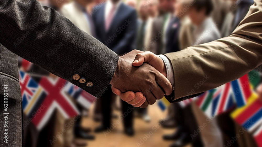 Obraz premium Leaders shaking hands at an international conference, reflecting relations and diplomacy between countries.