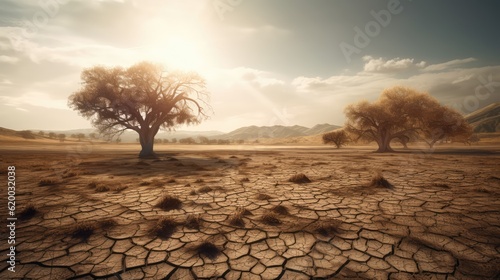 A dried lake and dying plants in summer, Drought, and water crisis. An impact of climate change. Generative AI