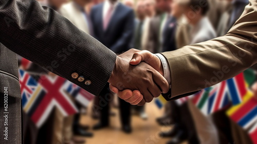Leaders shaking hands at an international conference, reflecting relations and diplomacy between countries.