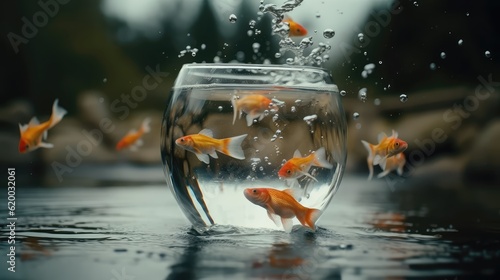 Fish leap out from a glass into a river, bigger wider environment. Concept of courage to leave the comfort zone and free oneself for better. Generative AI photo
