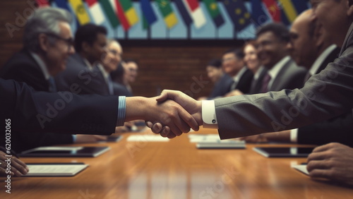 Leaders shaking hands at an international conference, reflecting relations and diplomacy between countries.