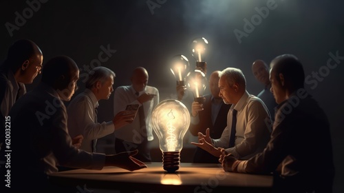 Many men discussing in the dark with glowing light bulbs representing ideas to be used or applied. A moment of sharing clarity, understanding, and opportunities. Generative AI