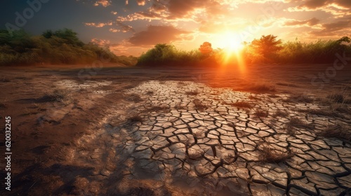 A dried lake and dying plants in summer, Drought, and water crisis. An impact of climate change. Generative AI