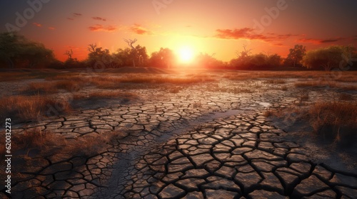 A dried lake and dying plants in summer, Drought, and water crisis. An impact of climate change. Generative A