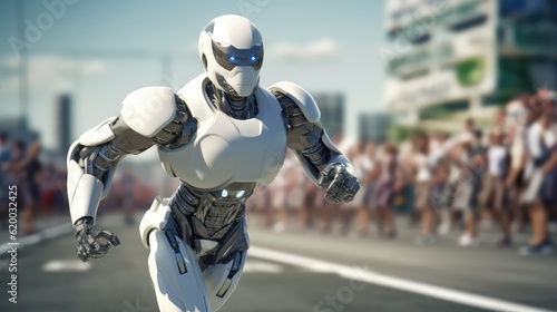 A running humanoid robot in a marathon race with many people in the background. AI robot with ability to move and do activities like human. Artificial intelligence coexistence. Generative AI