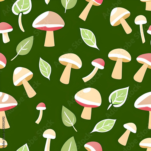 Nature-Based Background Design With Mushrooms and Leaves on Green. 