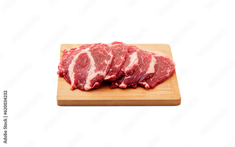 fresh raw beef meat steak slices on wooden  cut board isolated over white background MADE OF AI