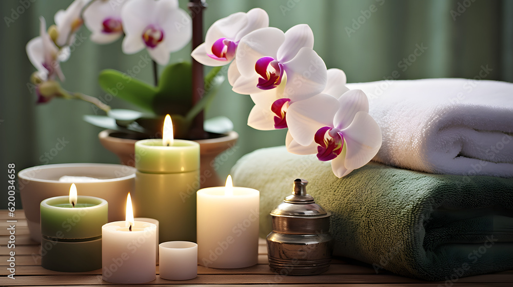 Spa table with candles, towels and orchids.