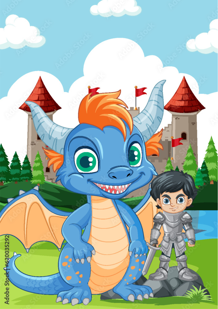 Naklejka premium Cute Dragon with Knight Standing in Front of Castle