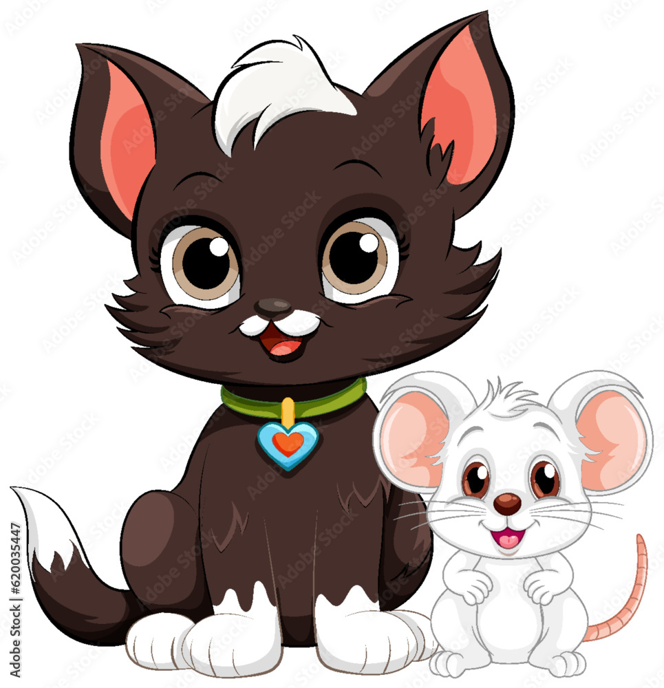 Obraz premium Cute Cat with Mouse in Cartoon Style