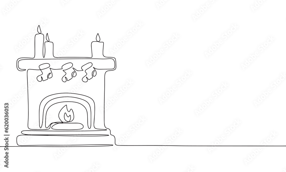 Continuous line Christmas fireplace art. Single line Christmas decor concept. Line art, outline, banner in minimalism style. Vector illustration