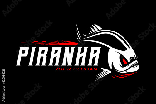 fishing logo Piranha fish on black dark background. modern vintage rustic logo design