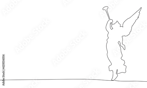 Continuous line angel with trumpet art. Single line religion concept. Line art, outline, banner in minimalism style. Vector illustration
