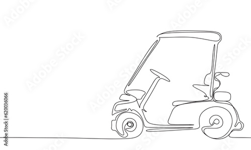 Continuous line golf car art. Single line golf cart concept. Line art, outline, banner in minimalism style. Vector illustration
